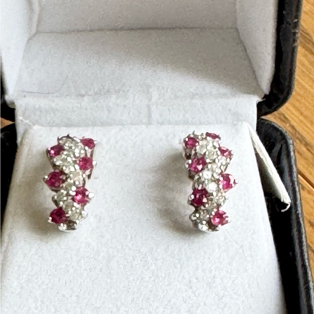 Ruby and Diamond Earrings Genuine Ruby and Natural Diamonds 14K White gold